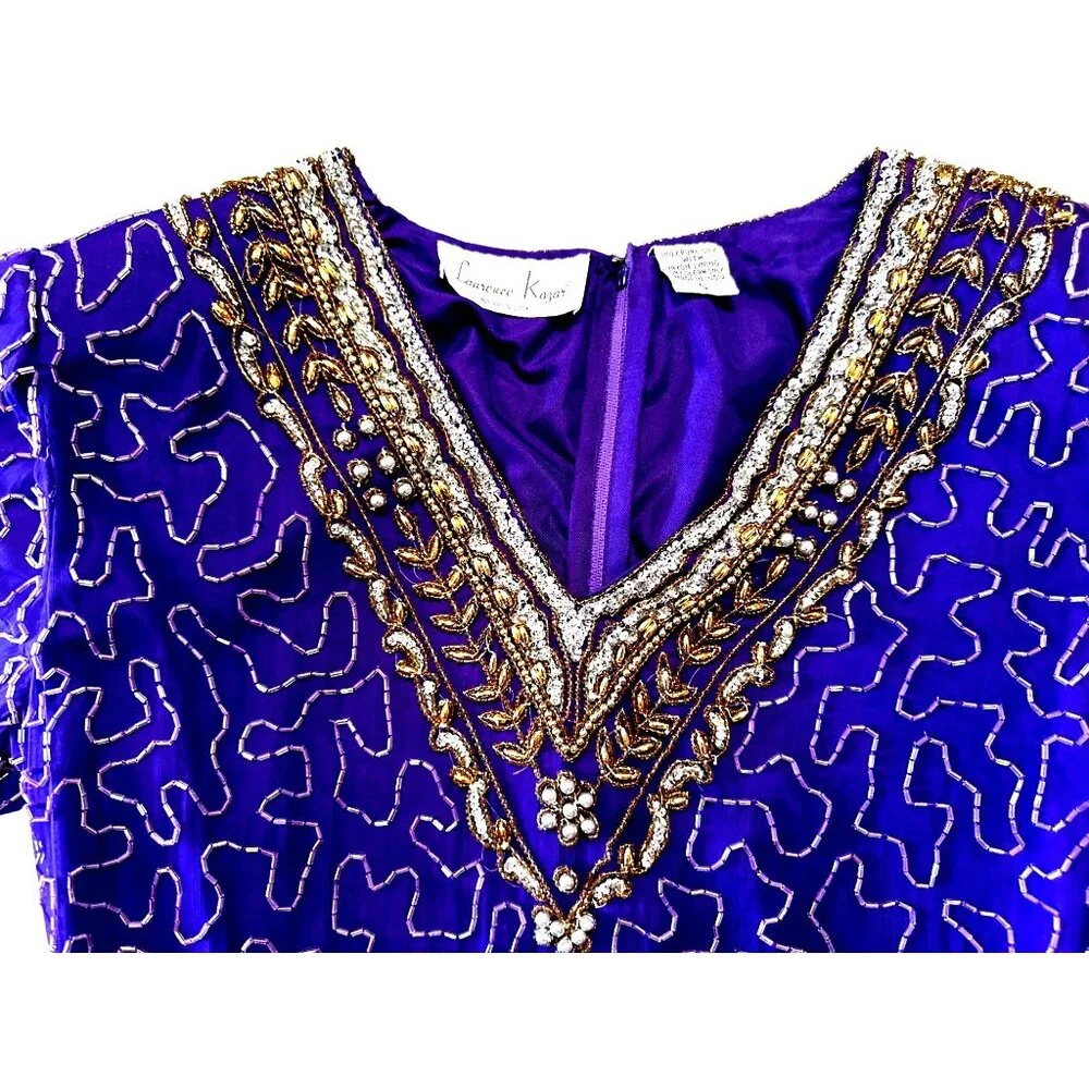 All Silk Vintage Dress by Lawrence Kazar Med Purple Beaded Cocktail Dress Glam - Picture 12 of 12